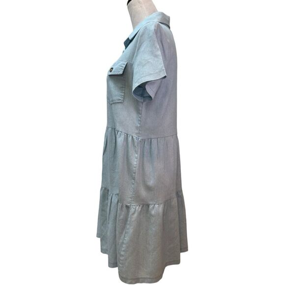 Tiered Button Down Dress Short Sleeve Casual Light Blue - Picture 2 of 8